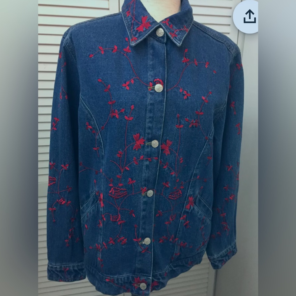 Denim & Co Blue Jean Jacket Button Front Red floral Embroidery L